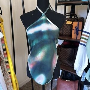 🟢NWT pretty little thing Plus Green Tie Dye Print Halterneck Long Top